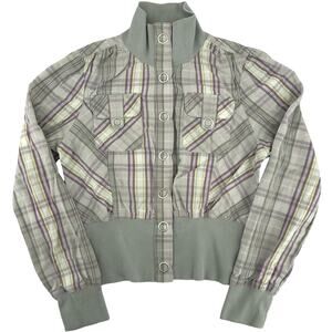 Vintage y2k Women's Grey Purple Yellow Plaid SO Cropped Button Up Jacket Sz M